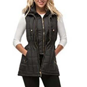 Daisy Women's Quilted Padding Jacket Long Vest W/Detachable Hood Black